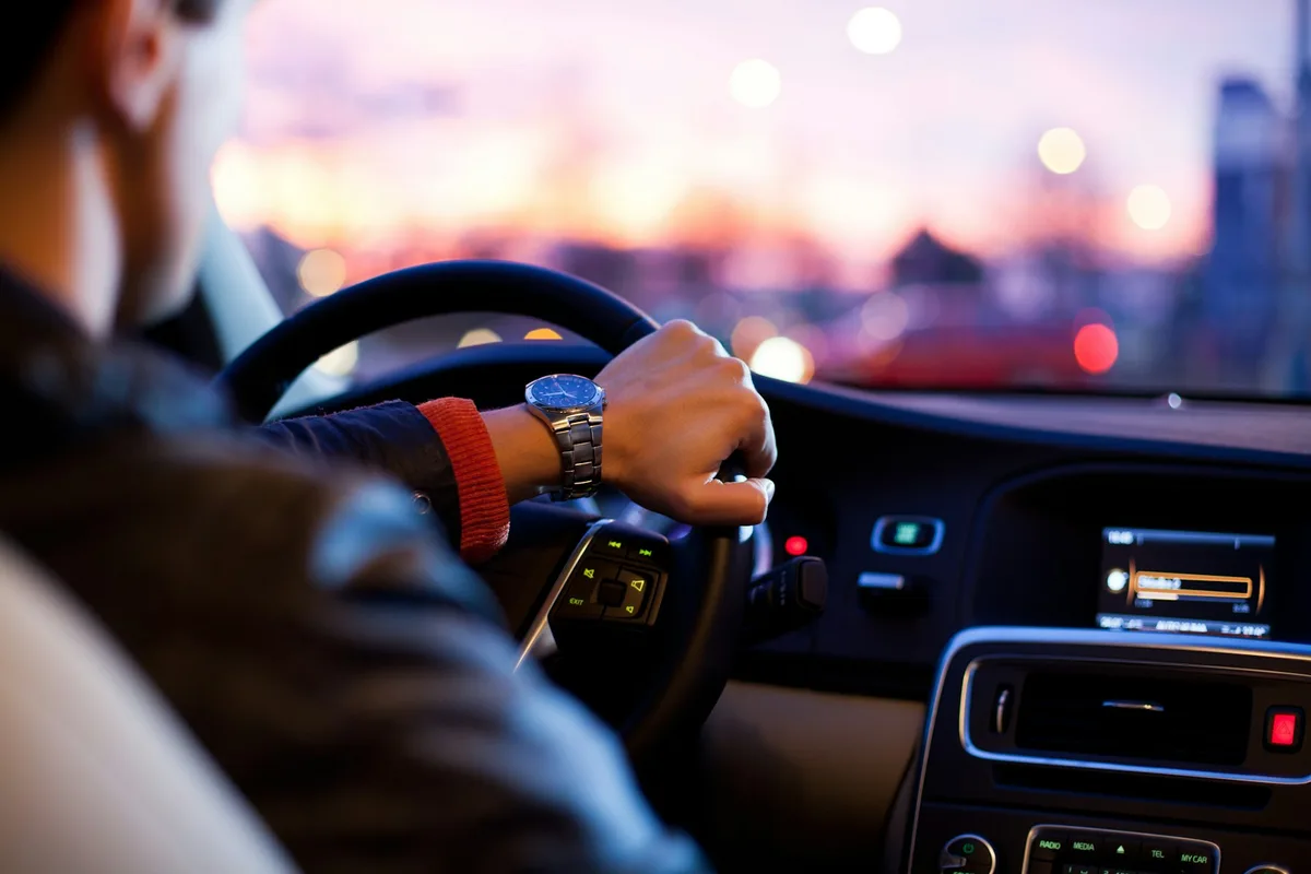 A view from inside a car during an evening drive